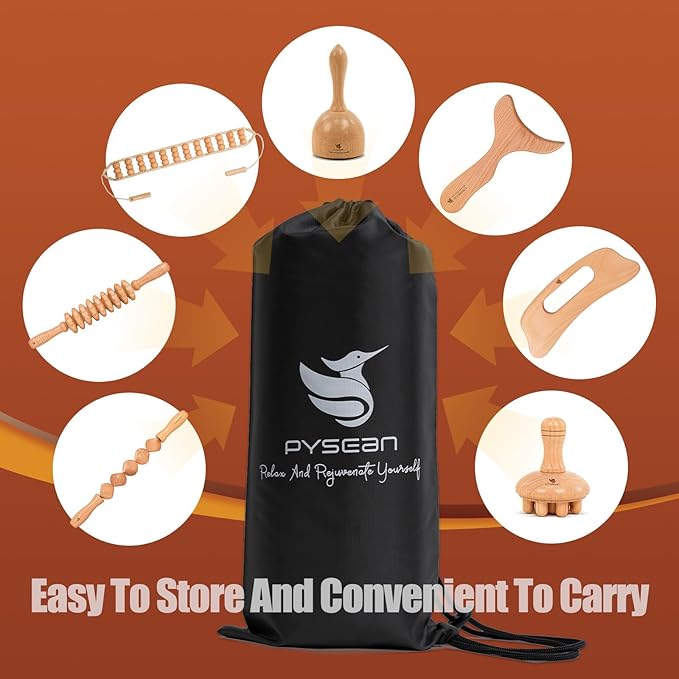 PYSEAN Wooden Massage Tool Set, 7-Piece Body Massage Kit for Home Use, Manual Included