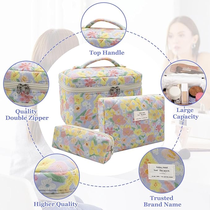 Gosect 3pc Makeup Bag Set, Quilted Makeup Bag Set, Large Floral Cosmetic Bag for Women, Cute Cotton Makeup Bags, Flower Travel Toiletry Organizer Bag (Large Flower)