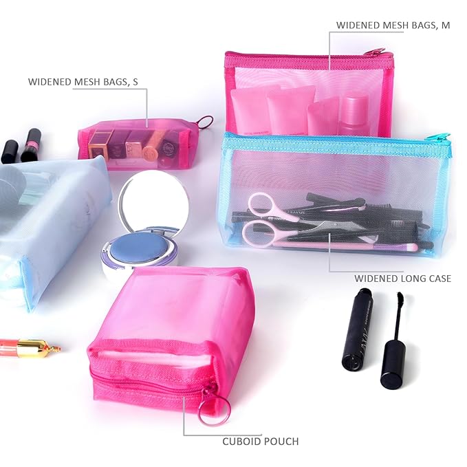 patu Widened Zipper Mesh Bags, Size M, 7" x 5.5" x 2", 5 Pieces, Beauty Makeup Cosmetic Accessories Organizer Case, Travel Toiletry Kit Set Storage Pouch, Assorted Colors