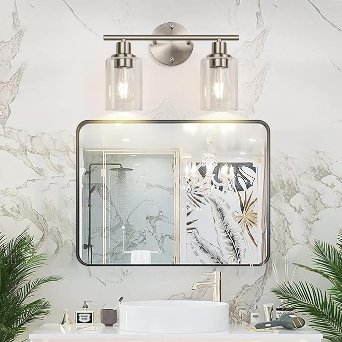 Zarbitta 2-Light Bathroom Light Fixtures, Brushed Nickel Vanity Light, Modern Vanity Lights with Clear Glass Shade, Bathroom Wall Lamp for Mirror Kitchen Living Room Hallway Cabinet Porch