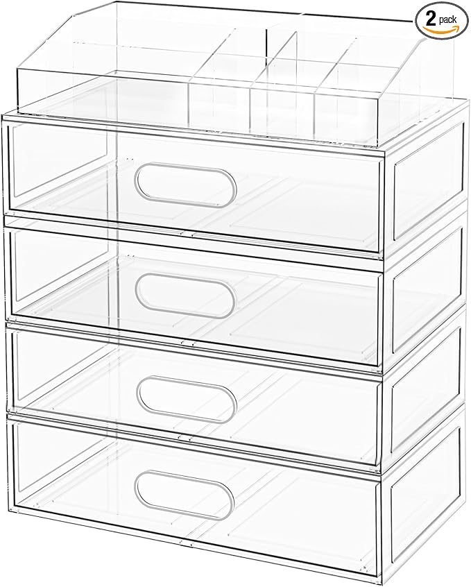 Clear Stackable Makeup Organizer with Drawer, 12''W Acrylic Storage Drawers