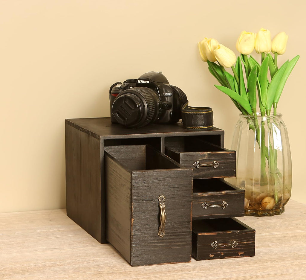 Juleduo Rustic Beauty Organizer 4 Drawers - kitchen storage Wooden Cosmetic Storage Box for Neat & Home Office Desk &Organize &Storing of Makeup Tools,Bathroom Counter-top(Black, L)