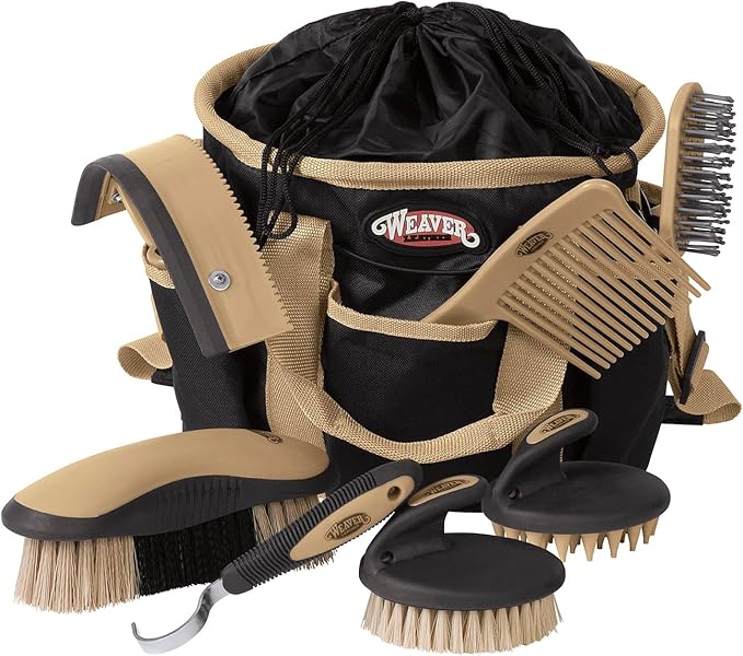 Weaver Equine Horse Grooming Kit, 7-Piece Horse Brush Set with Organizer Tote Bag, Hoof Pick, Comb, Sweat Scraper, Equine Tools for Daily Grooming, Black/Beige