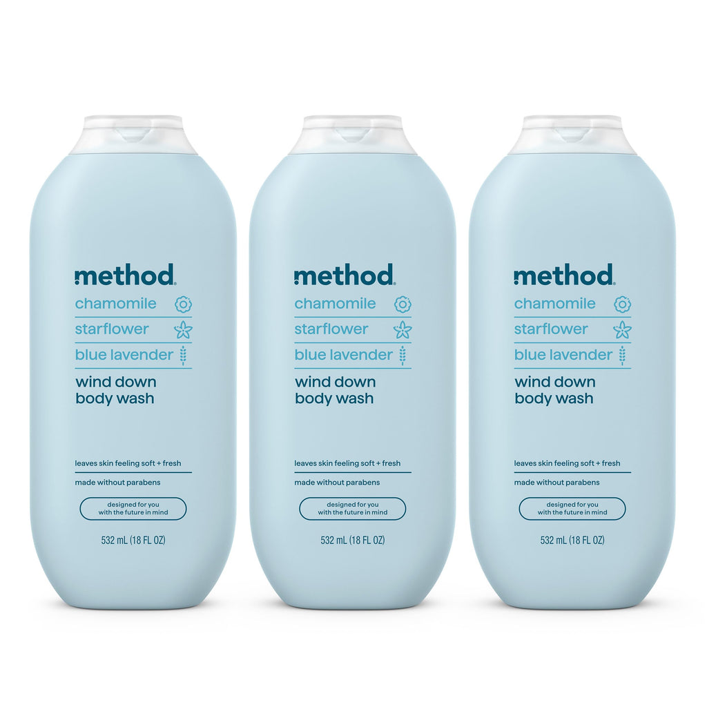 method Body Wash, Wind Down - Leaves Skin Feeling Soft & Moisturized, Made Without Parabens, Notes of Chamomile, Starflower & Blue Lavender, 18 fl oz - 3 pack