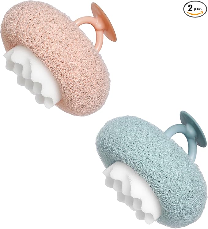 Super Soft Sunflower Suction Cup Bath Ball, New Upgraded 2-in-1 Sunflower Ball Exfoliating Bath Sponge Cleaning Brush, Mesh Shower Body Sponge Accessories for Women, Men (Cyan+Pink)