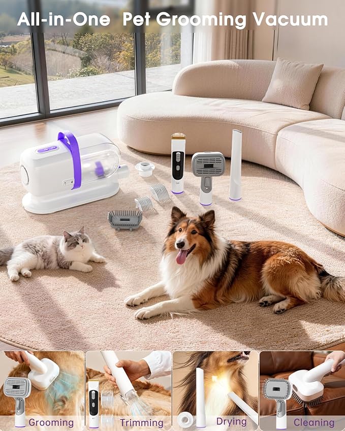 LOMMOL 6-in-1 Dog Grooming Vacuum, Pet Grooming Kit with Dog Clippers, 2.2L Dust Cup Dogs Vacuum with Dryer Function, Low Noise Upgrade Pet Grooming Vacuum with 6 Tools for Home Pet Hair, Purple