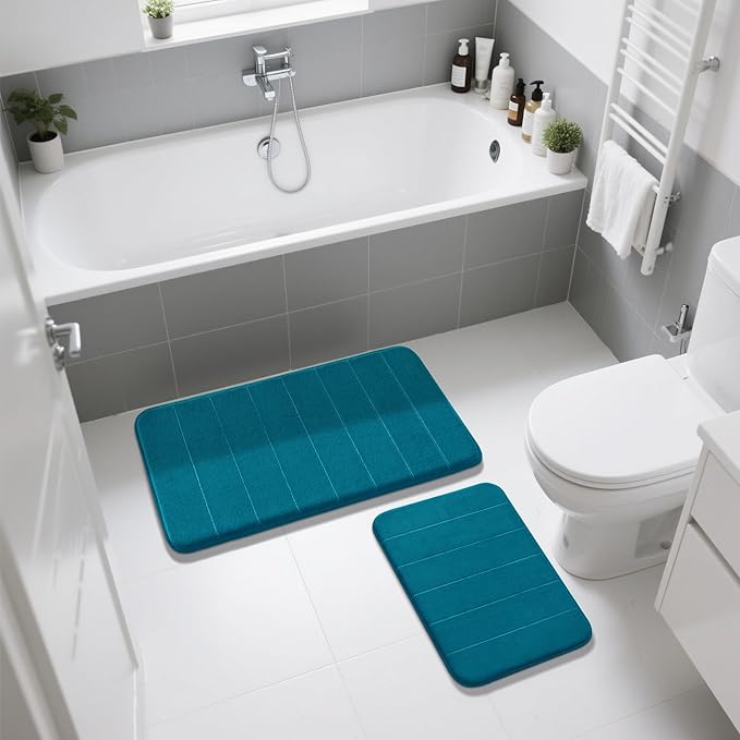 Yimobra Memory Foam Bathroom Rugs Sets 2 Piece - Super Soft Absorbent Quick Dry Bath Mat Set, Machine Washable Non Slip Floor Carpet for Tub Shower & Single Sink (17x24 & 31.5x20 Inch, Peacock Blue)