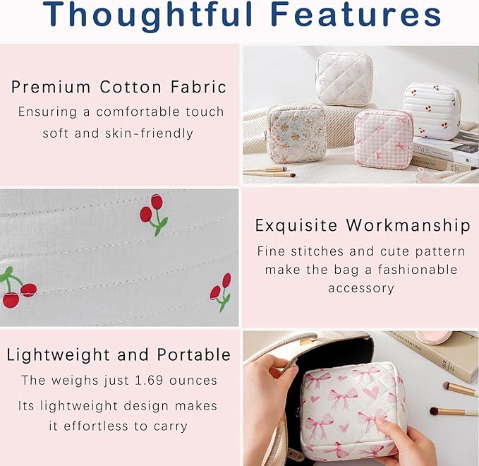 RSRSLEII Small Quilted Cosmetic Pouch for Purse, Mini Cotton Makeup Bag with Compartments, Cute Zipper Lipstick Holder for Women (12Cherry)