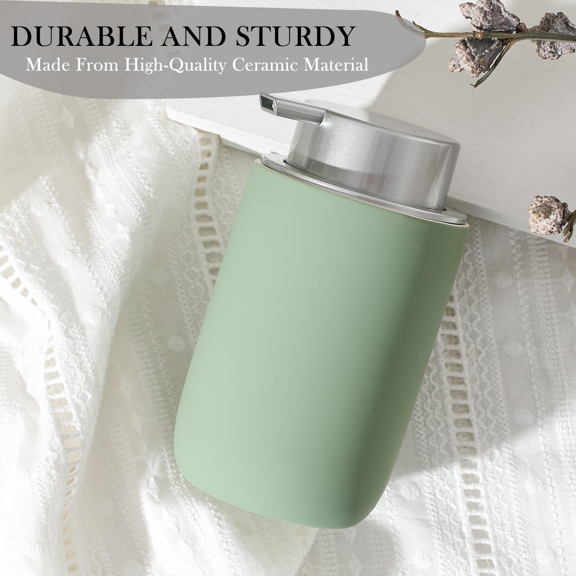GIRLUFO Foaming Soap Dispenser,12oz Foam Dispenser Ceramic,Foaming Hand Soap Dispenser Bathroom,Green Modern Refillable Soap Bottle for Hand Wash(Rubber Paint)