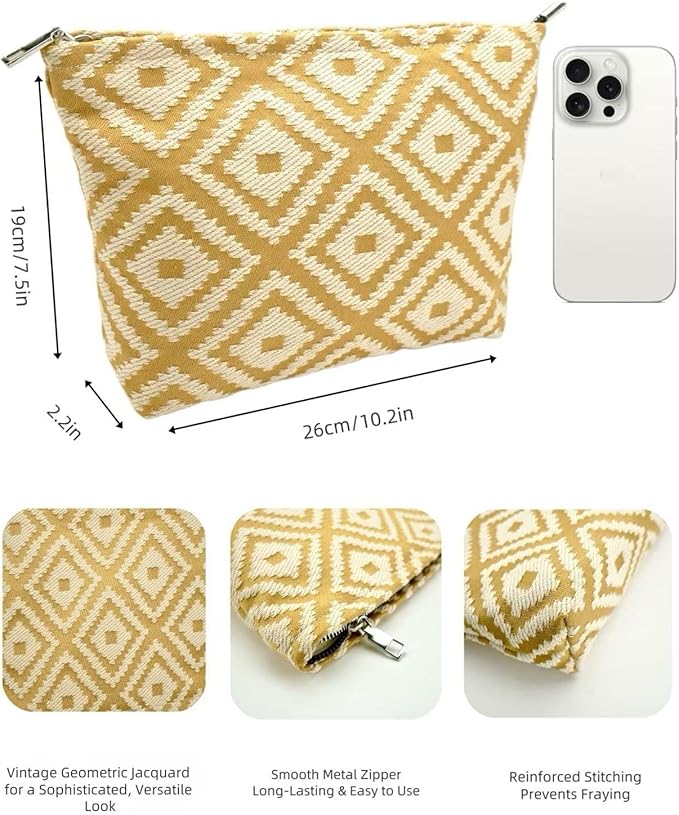 RIKMOXR Parallel Checkered Embroidery Yellow Makeup Bag for Women Girls - Large Capacity Cosmetic Pouch | Travel Toiletry Bag & Purse Organizer