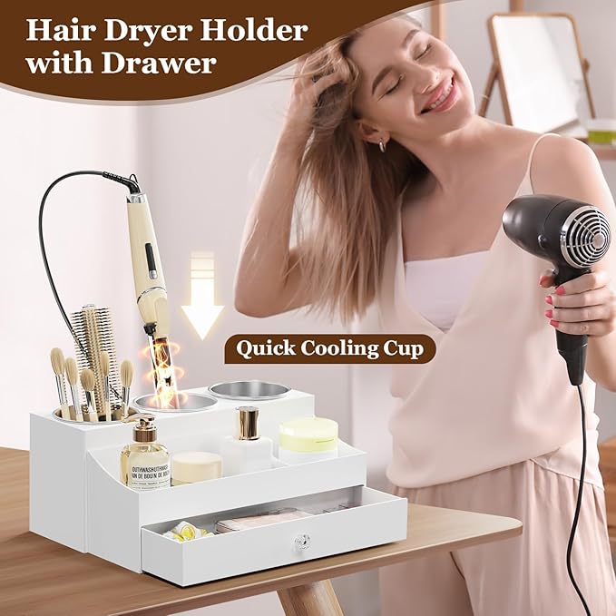 GFWARE Hot Hair Styling Tool Organizer with Drawer & 3 Cooling Cups, White