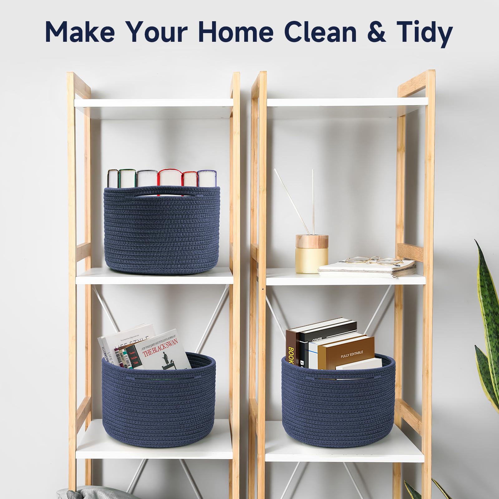 Maxuni 3 Pack Small Rope Storage Baskets, 9.82×9.82×7.1", Navy Blue