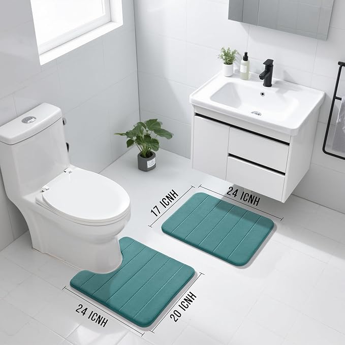 Yimobra U-Shaped Toilet Bath Mat Set 2 Piece - Super Soft Absorbent Quick Dry Memory Foam Bathroom Rugs, Machine Washable Non Slip Floor Carpet for Tub Shower & Single Sink (17x24 & 24x20, Teal)