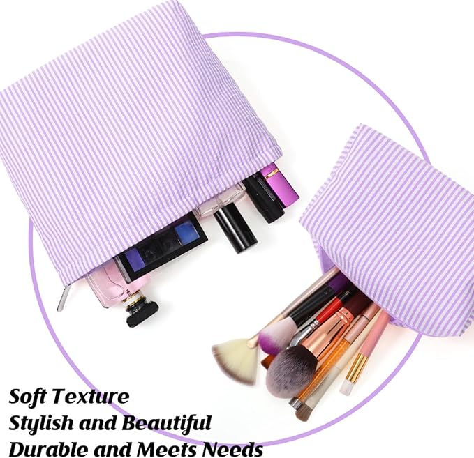 2 Pcs Makeup Bag Set Cute Cosmetic Pouch for Women Seersucker Travel Toiletry Bag Preppy Small Makeup Purse Pouch Aesthetic Skincare Brushes Storage Organizer for Valentine Women(Purple)