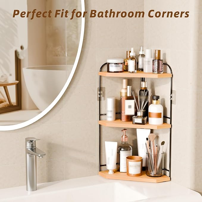 Corner Bathroom Counter Organizer, 3-Tier Wood Countertop Organizer for Perfume, Makeup Storage, Skincare Organizers for Vanity, Counter Corner Shelf for Kitchen, Bathroom, Dresser (Natural)
