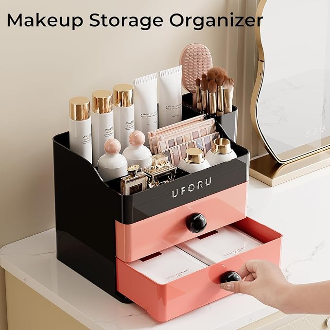 UFORU Makeup Organizer for Vanity with Brush Holder, Countertop Skincare Organizer with 2 Drawers, Spacious Cosmetic Display Case for Perfumes, Eyeshadow Palettes, Nail Polishes