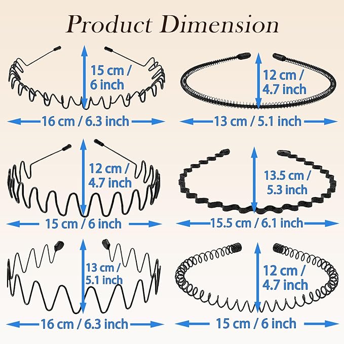 Metal Headbands for Men and Women, Wavy Adjustable Wire Hair Bands, Unisex Non-Slip Elastic Headband for Workout, Face Washing, Curly Hair & Daily Use. (6 Pack)