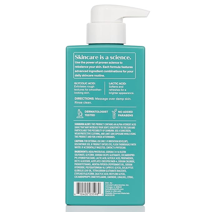 Medix 5.5 Exfoliating AHA Glycolic Acid Face & Body Wash Cleanser + Collagen Moisturizing Body Cream Lotion Skin Care 2-Piece Set, Alpha Hydroxy & Lactic Foaming Body Wash & Face Wash