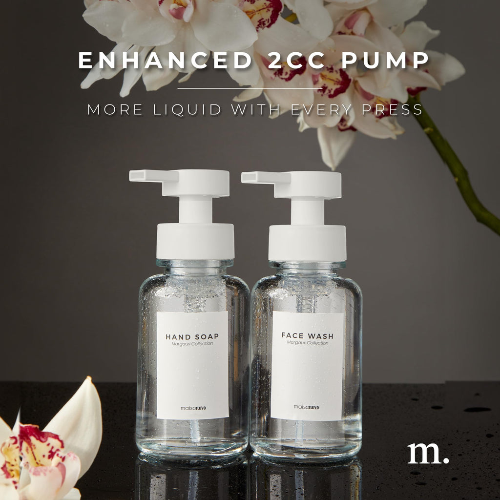 MaisoNovo Glass Foaming Soap Dispenser 14 Oz | Glass Bottles Pumps x 2 Clear with Tray