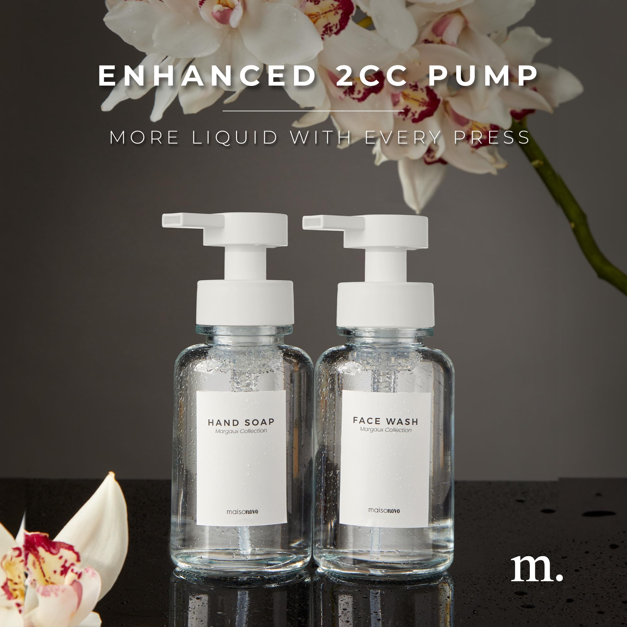 MaisoNovo Glass Foaming Soap Dispenser 14 Oz | Glass Bottles Pumps x 2 Clear with Tray