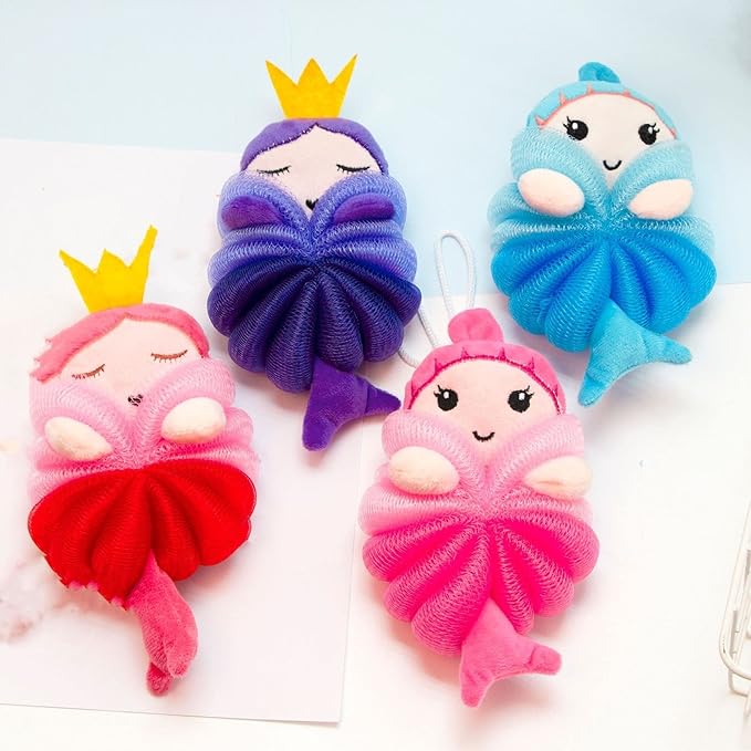 MURRI&MURRDI 3 Pack Kids Bath Sponges,Soft Animal Shower Poufs, Gentle Exfoliating Body Scrubber for Toddlers, Cute Cartoon Mesh Loofah Gift Set for Boys & Girls