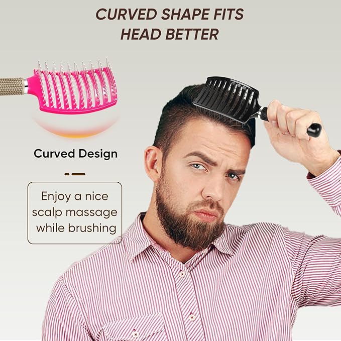 Kertiberif 2 Pack Curved Vented Detangling Brush for Wet & Dry Hair, Paddle Styling Brush for Faster Blow Drying, Detangler for Women, Men, Curly, Thick Hair