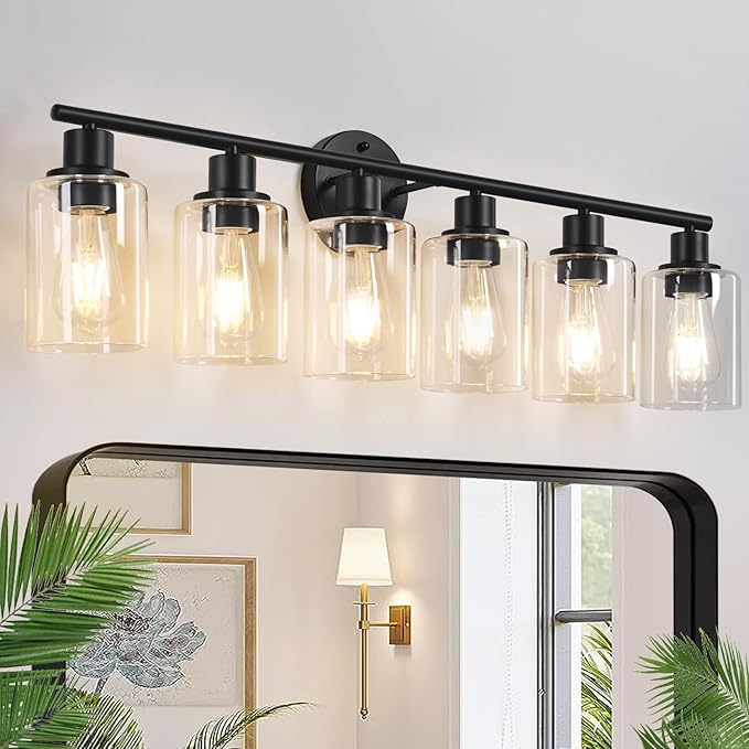 Zarbitta 6-Light Bathroom Light Fixtures, Black Modern Vanity Lights with Clear Glass Shade, Bathroom Wall Lamp for Mirror Kitchen Living Room Hallway Cabinet