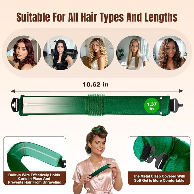 BLAAROOM Overnight Heatless Hair Curler, Upgraded with Hair Pad Grippers Satin Jumbo Flexi Blowout Curls Rods, 3pcs No-Heat Styling Tools Curling Rod to Sleep in for All Hair Types - Green
