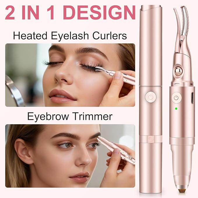 2 -in-1 Heated Eyelash Curler and Eyebrow Trimmer for Women, 10S Fast Heating, Electric Eyelash Curler with 2 Temp Settings Suit for All Lashes, 24H Long Lasting Curls, Christmas Gift for Women Girls