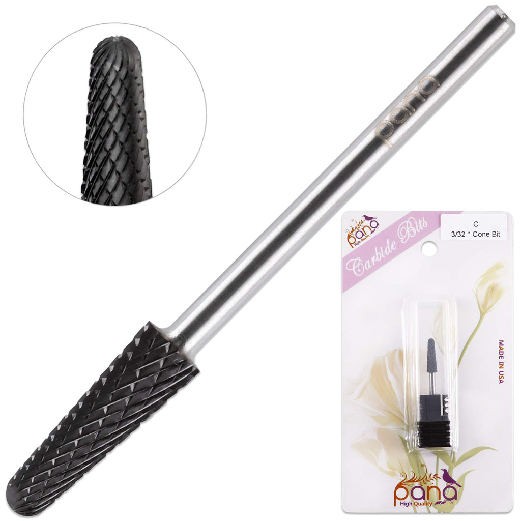 PANA USA Professional 3/32" Shank Size - Cone Shape Carbide Bit - Nail Drill Bit for Manicure Pedicure Tools Dremel Machine (Coarse, DLC Black)