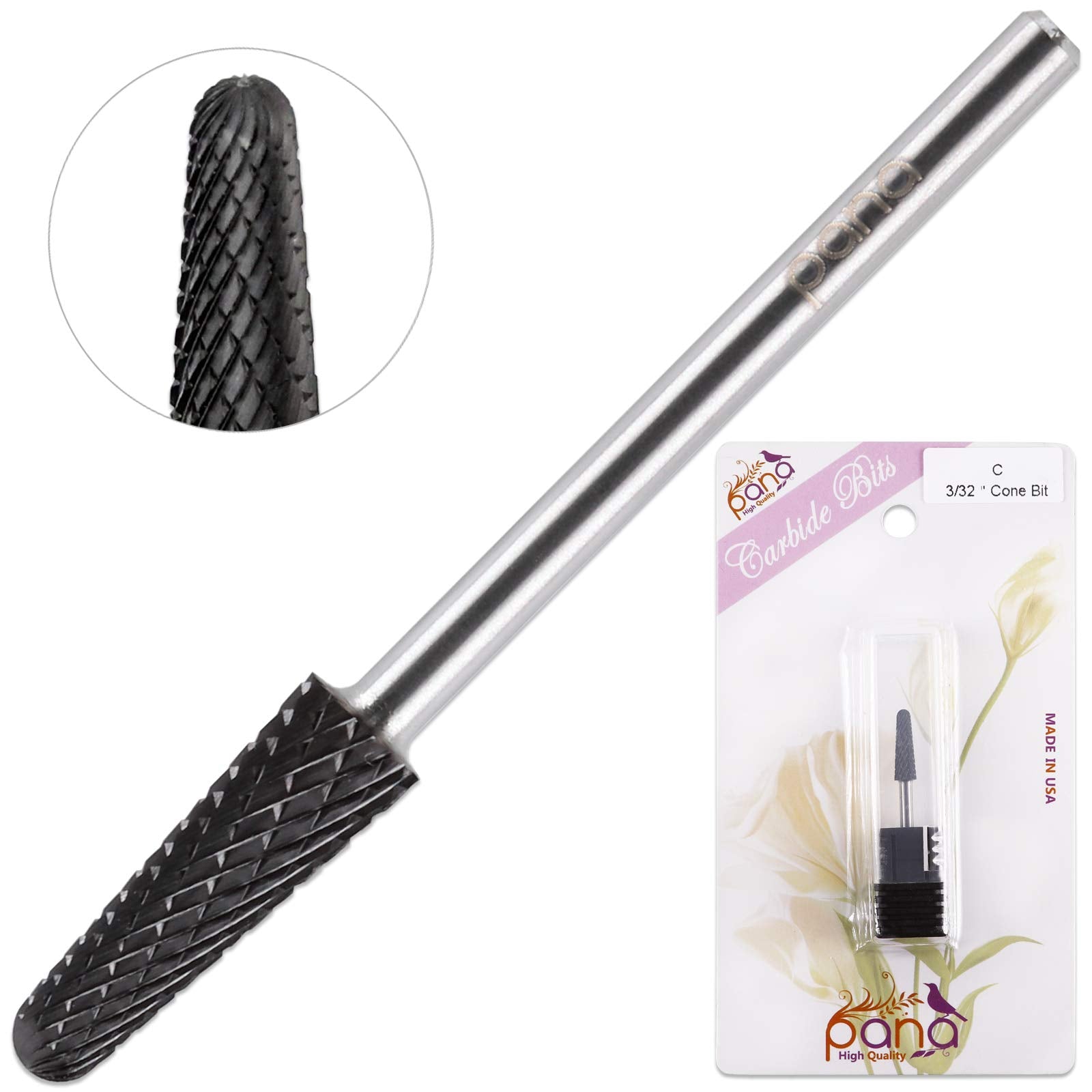 PANA USA Professional 3/32" Shank Size - Cone Shape Carbide Bit - Nail Drill Bit for Manicure Pedicure Tools Dremel Machine (Coarse, DLC Black)