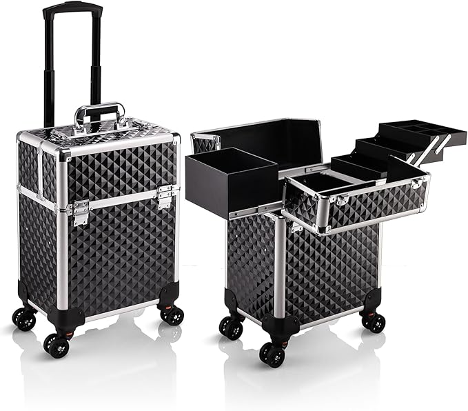 Stagiant Rolling Makeup Train Case Cosmetology Case on Wheels Travel Cosmetic Suitcase Trolley Makeup Luggage Storage Box 4 Tray with Lock Middle Layer Salon Nail Tech Cart Traveling Tattoo Case Black