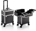 Stagiant Rolling Makeup Train Case Cosmetology Case on Wheels Travel Cosmetic Suitcase Trolley Makeup Luggage Storage Box 4 Tray with Lock Middle Layer Salon Nail Tech Cart Traveling Tattoo Case Black