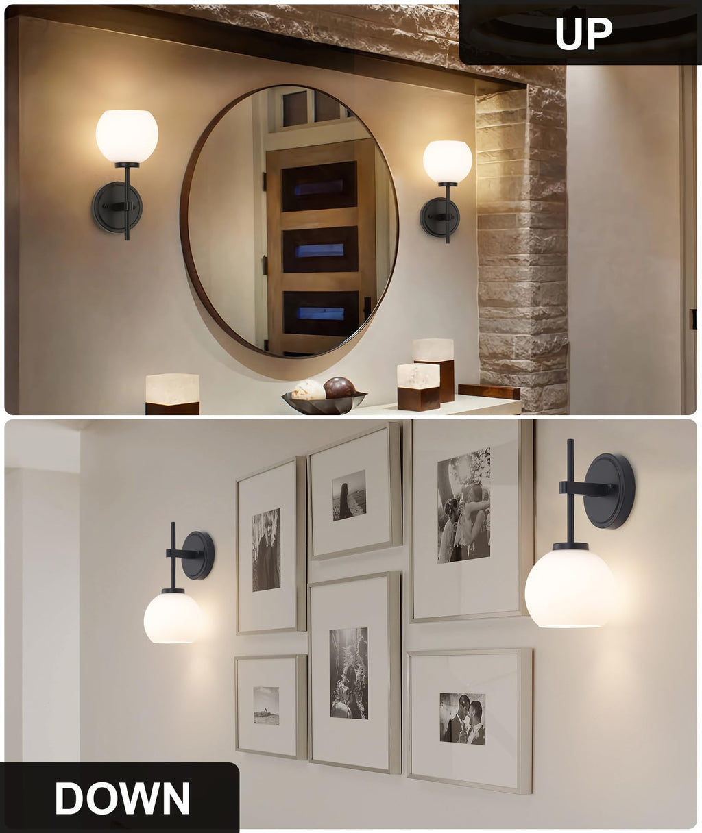 SANTOSTOCK Black Wireless Rechargeable Wall Sconces with Remote Control, Battery Operated Wall Sconce Set of 2, LED Dimmable Wall Lights with Opal White Glass Shade, 12 Colors RGB & 3 CCT Bulb
