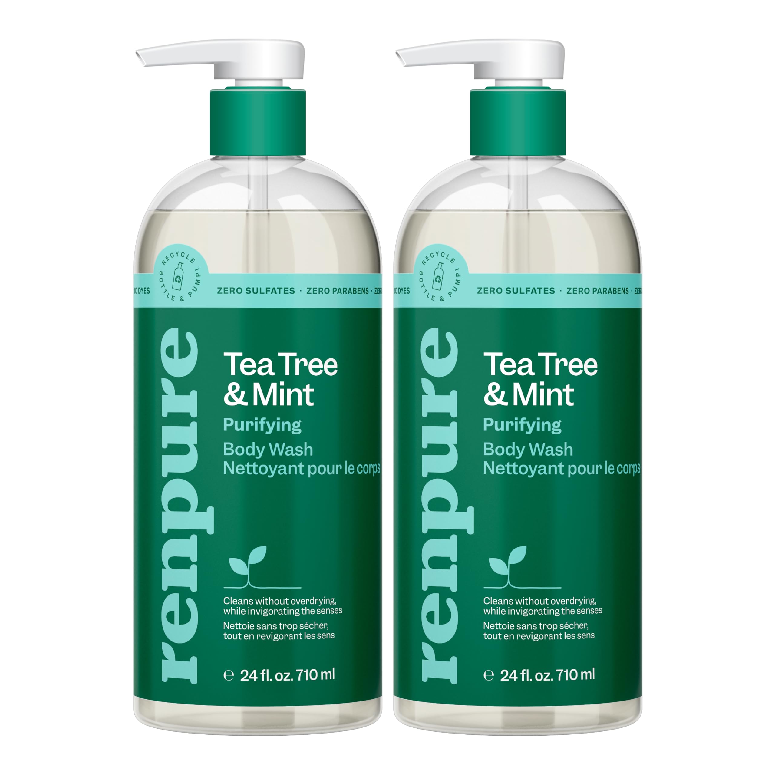 Renpure Tea Tree & Mint Body Wash - Cleanses, Invigorates & Refreshes Skin Without Over-Drying - For All Skin Types - Tea Tree Leaf Oil, Spearmint Leaf Oil - 24 Fl Oz each, 2 Pack