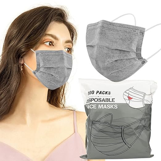 Wecolor 100 Pcs Gray Disposable 3 Ply Earloop Face Masks,Fit for Adults
