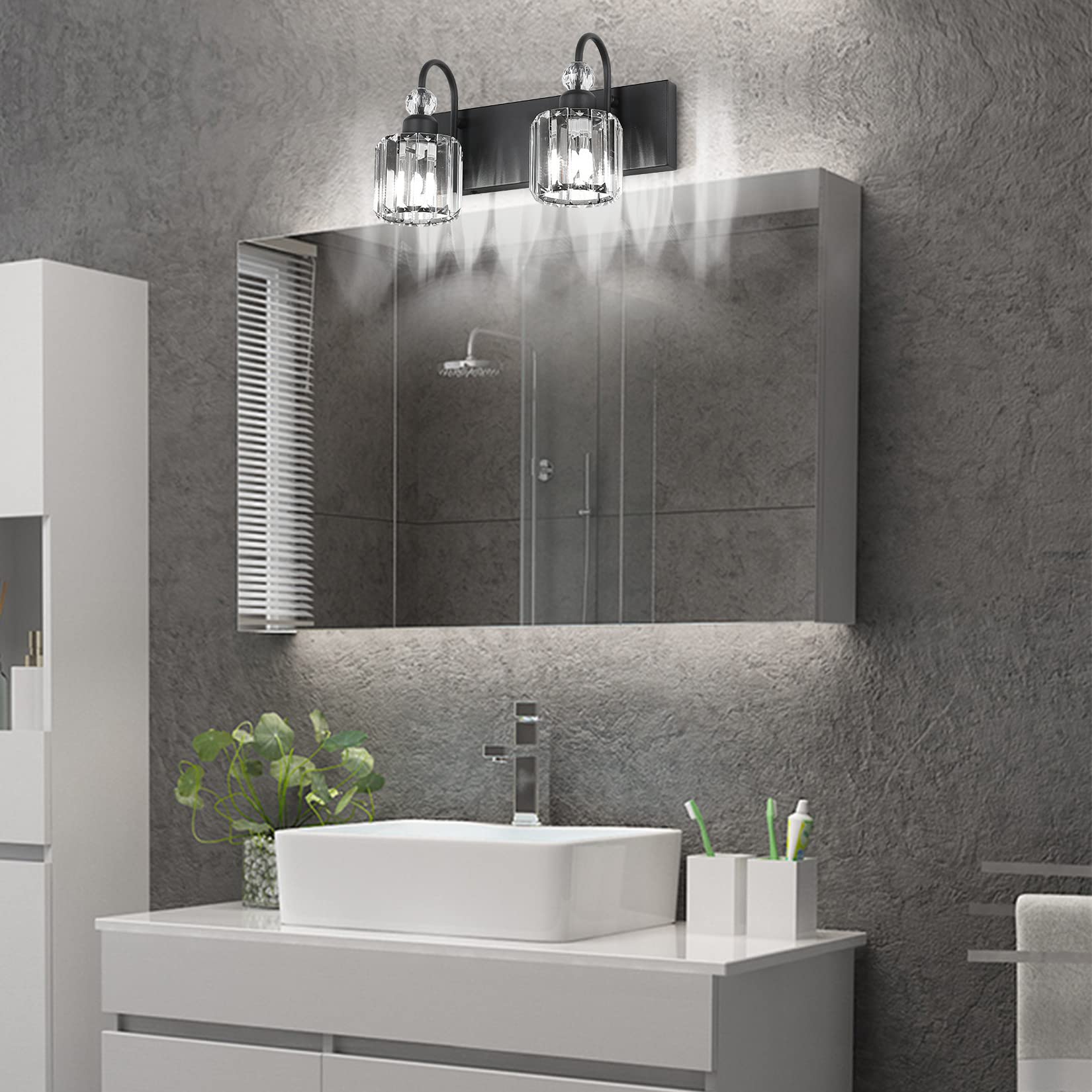 Ralbay Modern Vanity Lights - 2-Light Black Crystal Bathroom Wall Fixtures