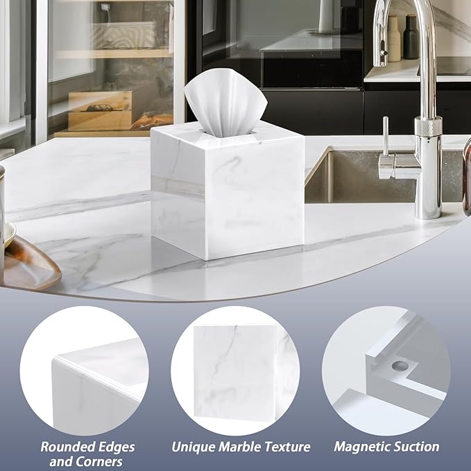 SILUT Stylish Tissue Box Cover Square, Marble Texture Tissue Box Holder, Decorative Tissue Holder for Bathroom, Kitchen, Vanity, Modern Tissues Organizer for Home, Hotel