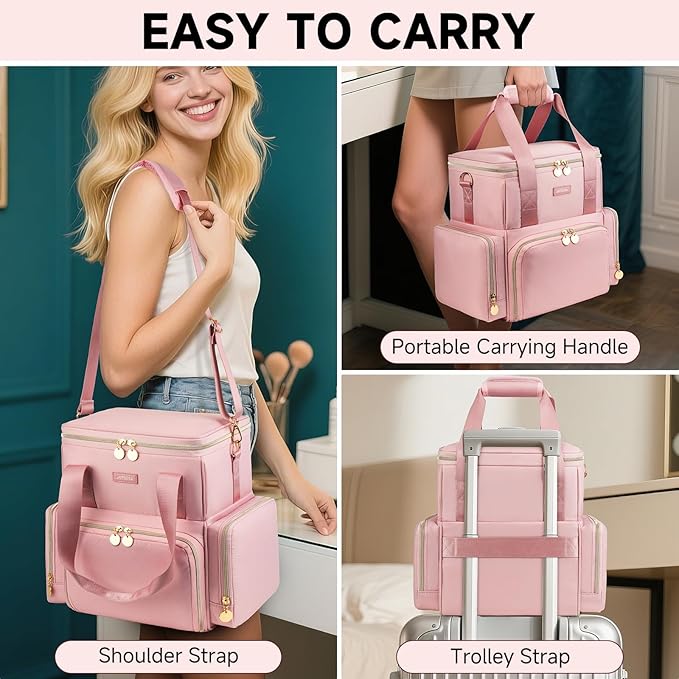 Jaffzora Extra Large Makeup Bag,4 in 1 Cosmetic Storage Organizer Travel Case with 3 Detachable Pouches and Dividers,Pink