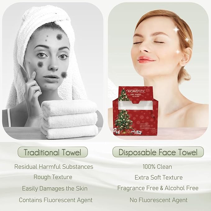 Christmas Style WOWOTEX Disposable Face Towel Biodegradable Large Dry Wipes 60 Count/Box Extra Thick Soft Clean Facial Towels for Sensitive Skin, Makeup Removing, Cleansing, Nursing, 10"×12"