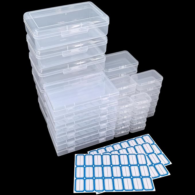 42 Pack Rectangular Clear Plastic Storage Containers Box with Hinged Lid & Labels for Beads and Other Small Craft Items (Mixed Sizes 3)