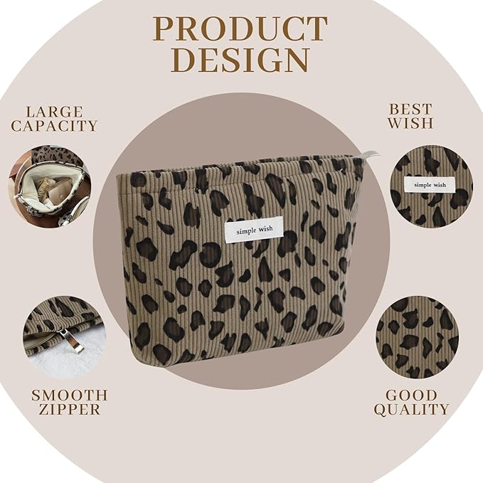 Wudygirl Makeup Bag Travel Cosmetic Bag for Women Small Makeup Pouch with Handle Zipper Cosmetic Pouch Handbag Aesthetic 8.3" x 5.9"(Coffee Leopard)