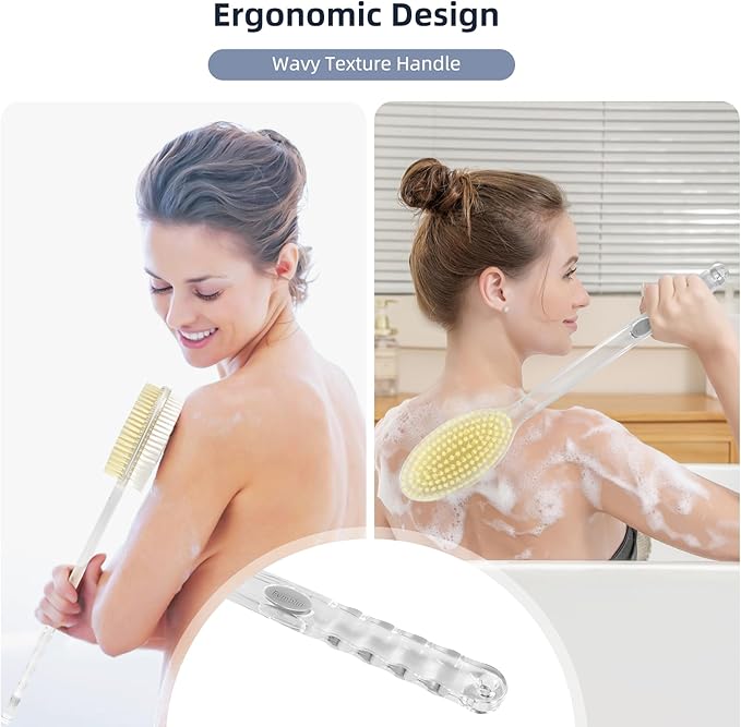Fymblin Back Scrubber Long Handle for Shower,Back Brush Dual-Sided with Stiff and Soft Bristles,Body Exfoliator for Bath or Dry Brush
