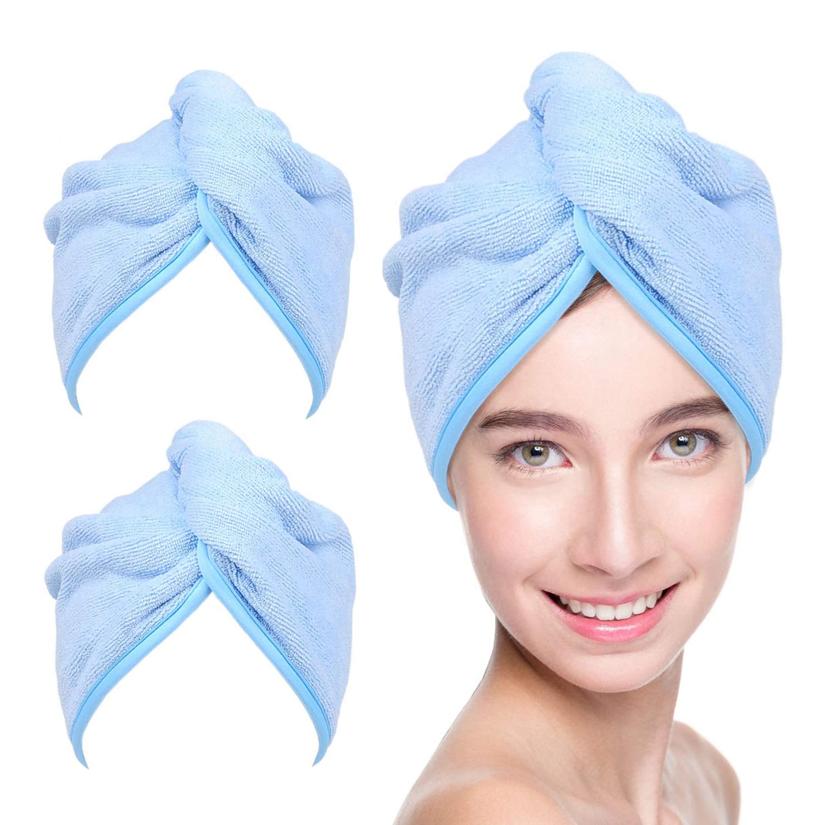 YoulerTex Microfiber Hair Towel Hairs Wrap: 2 Pack 10X26 Hair Dryer Towels for Women Absorbent Turban Twist Drying Shower Cap Curly Hairs Products for Hair's Care Accessories (Sky Blue)