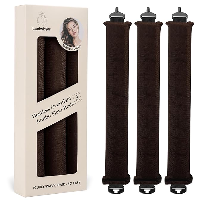 Luckybear Overnight Heatless Hair Curler Rods Jumbo, 3pcs Satin Flexi Rods for All Hair Types, Heatless Overnight Curls Styling Tools, Soft Velvet Satin Brown