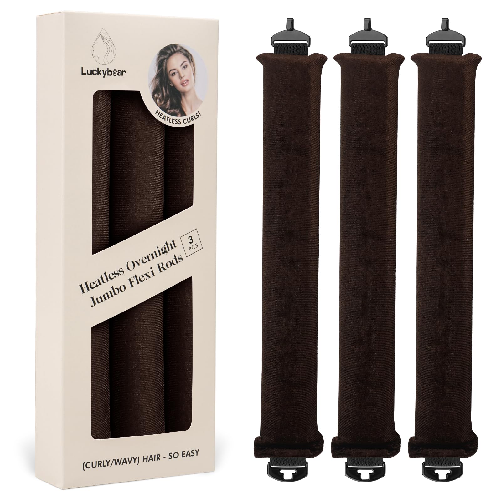 Luckybear Overnight Heatless Hair Curler Rods Jumbo, 3pcs Satin Flexi Rods for All Hair Types, Heatless Overnight Curls Styling Tools, Soft Velvet Satin Brown