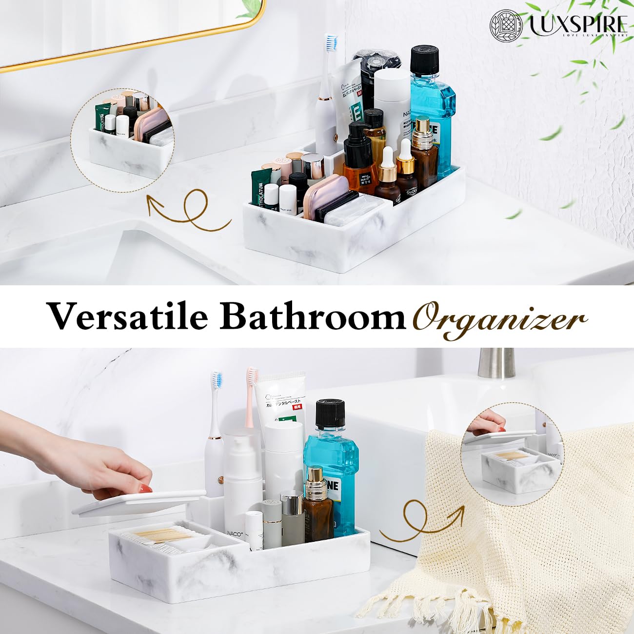 Luxspire Bathroom Counter Organizer, Marble Toothbrush Holder for Bathroom 6 Slot, Bathroom Vanity Organizer with Lid, Bathroom Organizer Countertop for Cotton Ball, Q-Tips, Floss, Gravel White