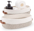 Oradrem 2 Pack Woven Storage Basket for Toilet Tank Top,Farmhouse Home Decor Organizing Basket for Bathroom,Table and Counter 13"x5.9"x4" Apricot Stitching White