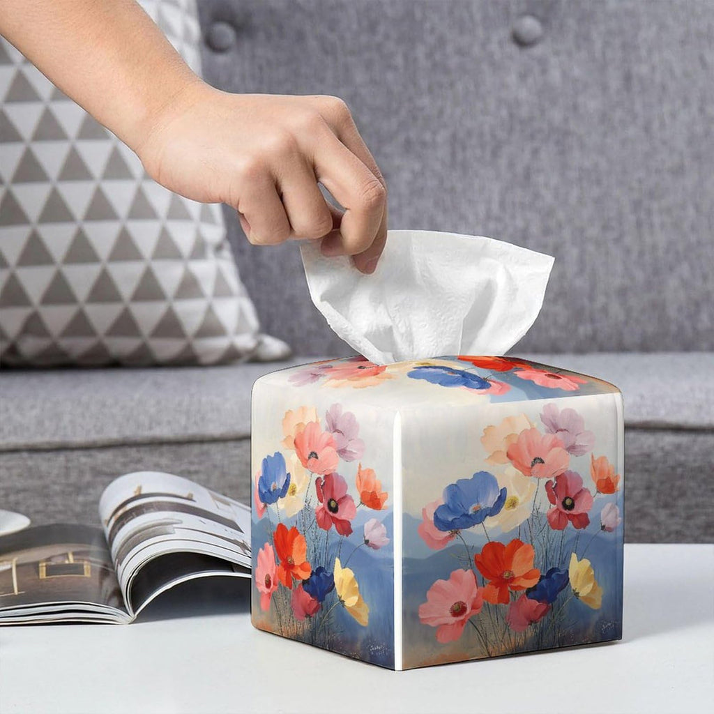 Floral Tissue Box Cover Leather Tissue Box Holder Square Facial Paper Organizer Dispenser for Bathroom Kitchen Bedroom Vanity Countertop Night Stands