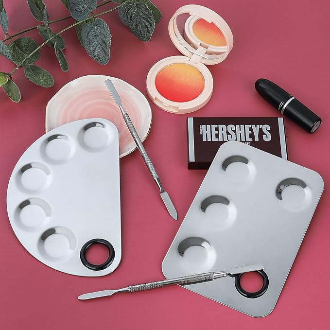 Penugo Professional Stainless Steel Makeup Palette,2 Pieces Cosmetic Palette with Spatula Tool, Nail-art Mixing Palette for Cosmetic Pigment Blending